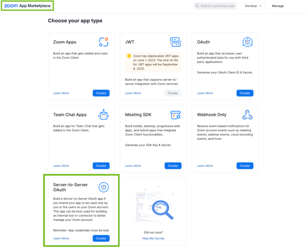 Lorsque vous créez votre application Zoom pour utiliser les automatisations des discussion d'équipe Zoom dans Intelligence, utilisez OAuth de serveur à serveur.