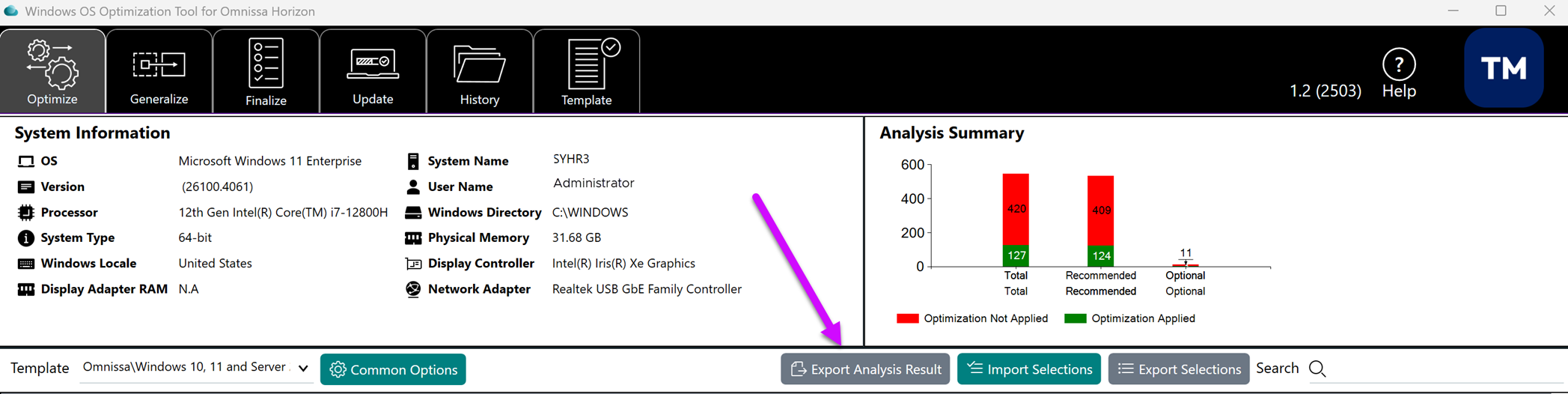 Emplacement du bouton Exporter le résultat de l'analyse
