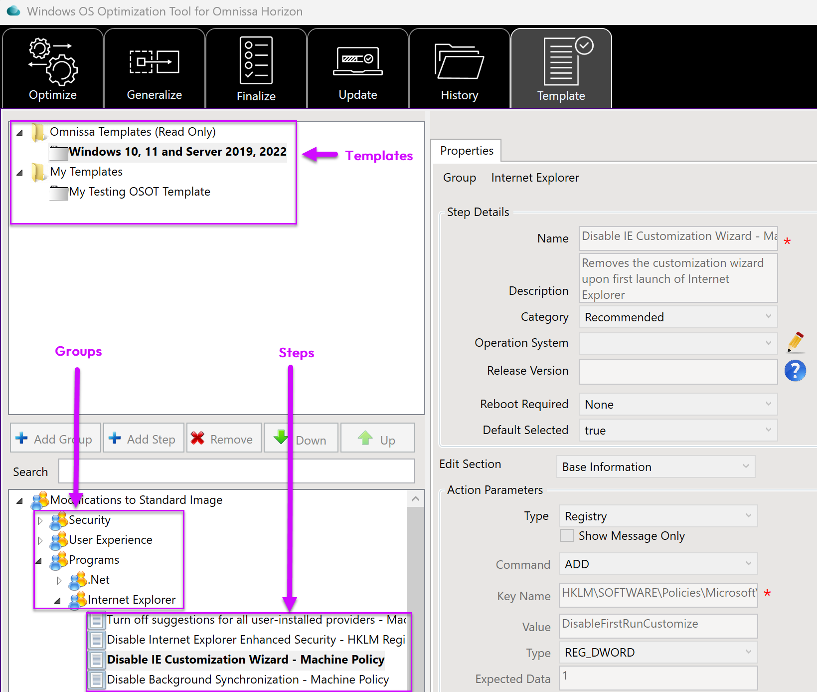 Interface utilisateur d'OSOT - modèles, groupes, étapes