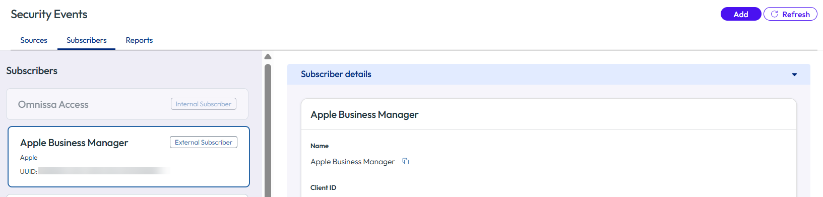 « L'onglet Abonnés, avec Apple Business Manager sélectionné et ses détails affichés dans le volet de droite. »