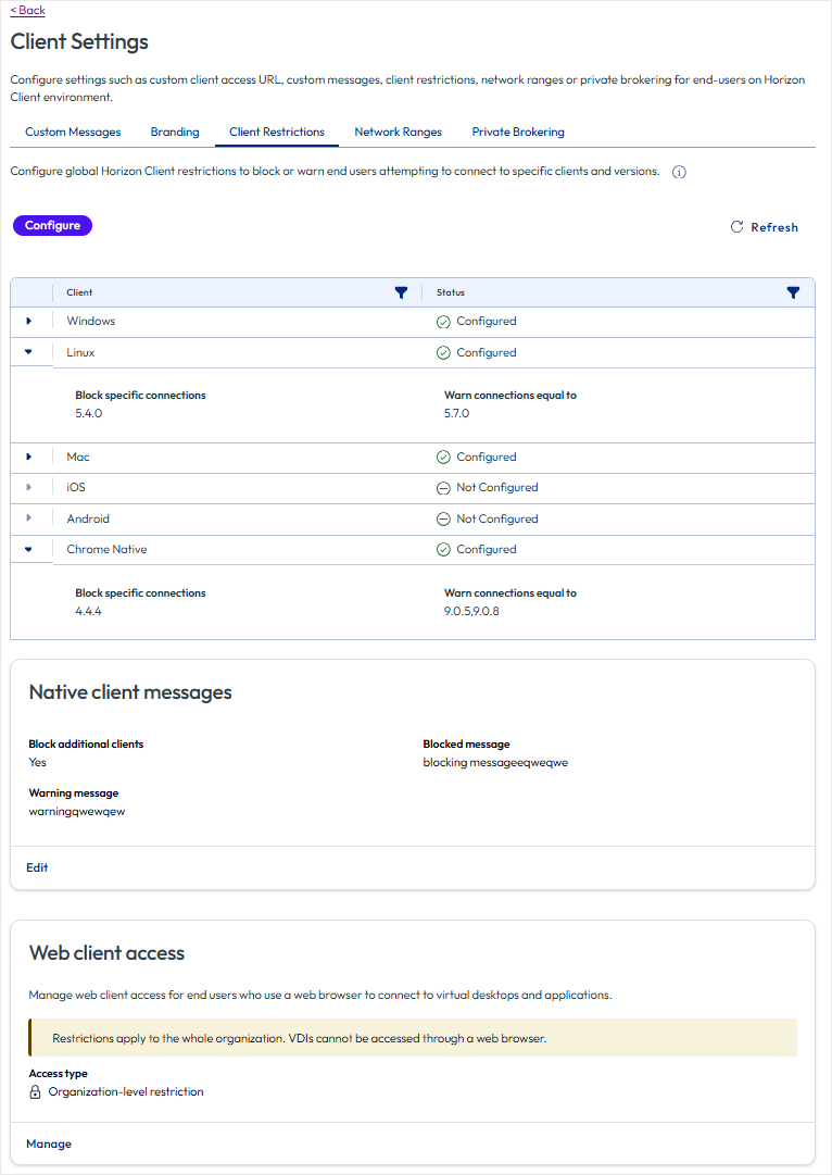 La page Paramètres du client dans la console s'affiche. La page Paramètres du client dans la console s'affiche.