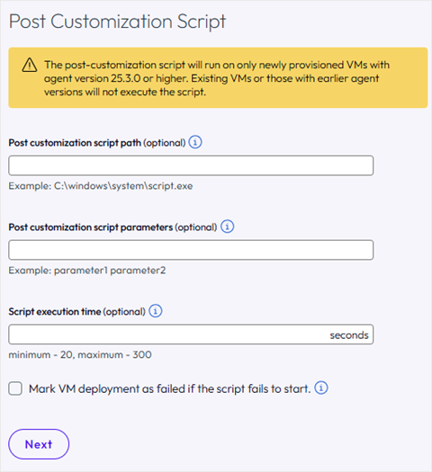 Affiche les options de script post-personnalisation qui se trouvent dans la section Détails, sous la sous-section Propriétés avec l'option Avancée développée.