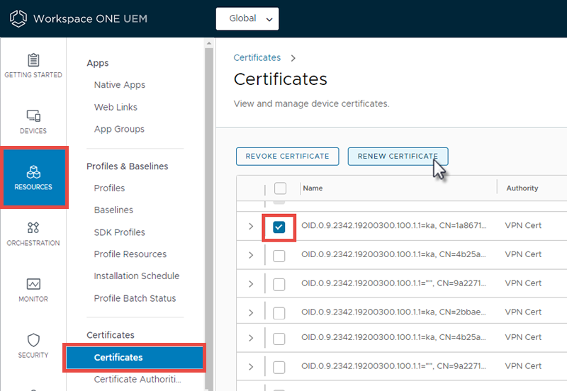 Cette capture d'écran montre l'Affichage en liste des certificats, qui vous permet de révoquer et de renouveler les certificats des terminaux. Cette capture d'écran montre l'Affichage en liste des certificats, qui vous permet de révoquer et de renouveler les certificats des terminaux.