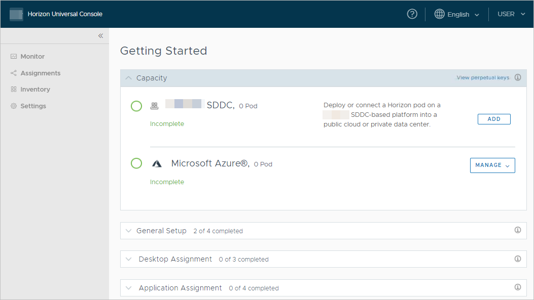 Capture d'écran de l'assistant Démarrage de la console d'administration d'Horizon Cloud dans l'état initial du locataire.