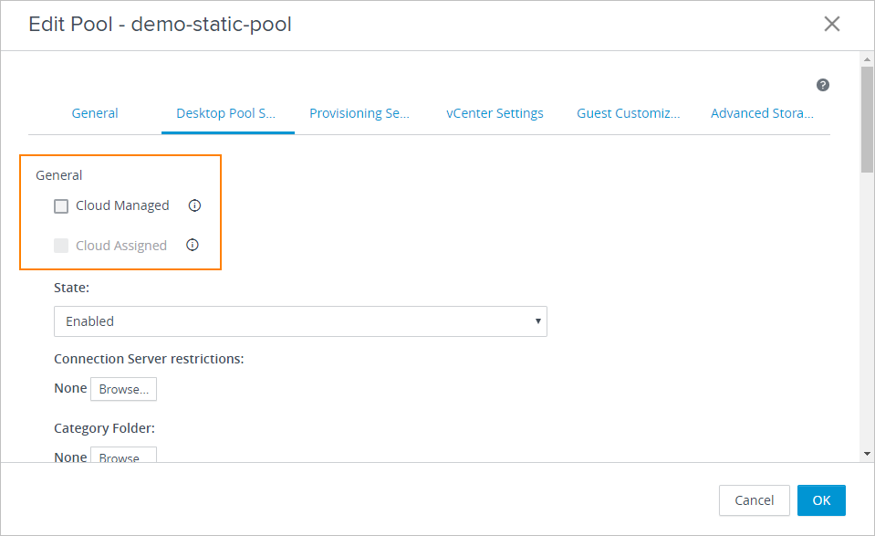 Assistant Modifier le pool dans Horizon Console avec les paramètres Géré par le cloud et Attribué par le cloud désélectionnés Assistant Modifier le pool dans Horizon Console avec les paramètres Géré par le cloud et Attribué par le cloud désélectionnés