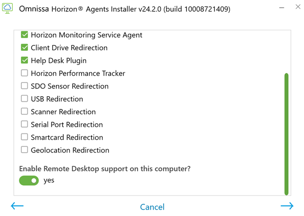 Capture d'écran du reste de l'écran d'options qui s'affiche lors de l'exécution d'Horizon Agents Installer sur une machine virtuelle disposant d'un système d'exploitation Windows 11. Capture d'écran du reste de l'écran d'options qui s'affiche lors de l'exécution d'Horizon Agents Installer sur une machine virtuelle disposant d'un système d'exploitation Windows 11.