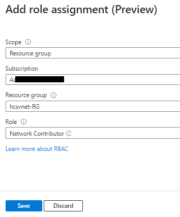 Capture d'écran de l'option Ajouter une attribution de rôle avec la portée comme groupe de ressources et le rôle comme contributeur de réseau.