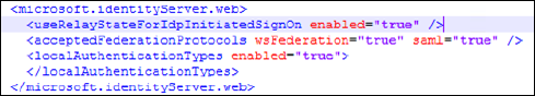 Capture d'écran du fichier de configuration montrant la section <microsoft.identityServer.web>