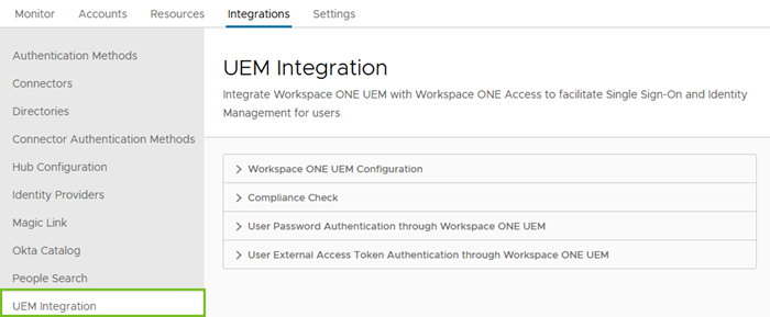 Options d'intégration d'UEM dans la console Omnissa Access Options d'intégration d'UEM dans la console Omnissa Access