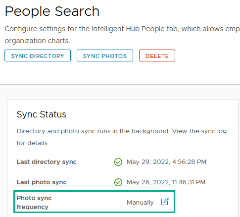 Carte d'état de la synchronisation de People Search avec la fréquence de synchronisation de photos en surbrillance.