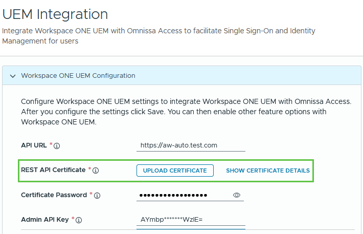 Affichage du chargement de certificats à partir de la page Intégration d'UEM de la console Omnissa Access