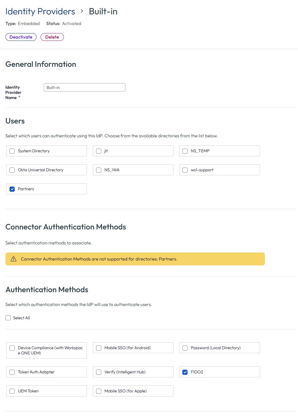 Page Fournisseur d'identité intégré dans la console Omnissa Access Page Fournisseur d'identité intégré dans la console Omnissa Access
