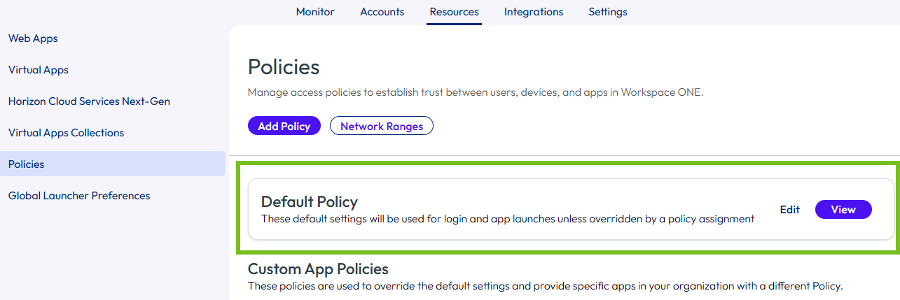 Page Stratégie de la console d'administration avec la section Stratégie par défaut