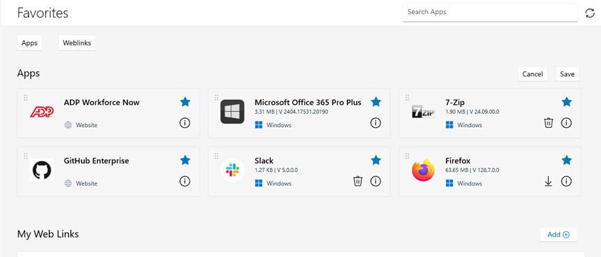 Vue du portail Web de Workspace ONE Intelligent Hub Vue du portail Web de Workspace ONE Intelligent Hub