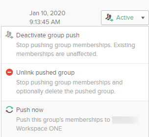 La description de la commande Transférer maintenant est Transférer les appartenances de ce groupe vers Workspace ONE.