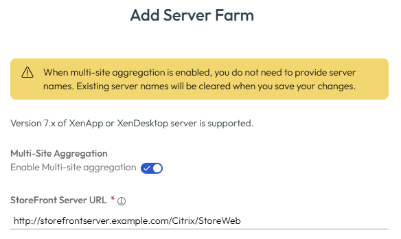 L'option Activer l'agrégation multisite est activée. La zone de texte URL du serveur StoreFront comporte un exemple de valeur. L'option Activer l'agrégation multisite est activée. La zone de texte URL du serveur StoreFront comporte un exemple de valeur.