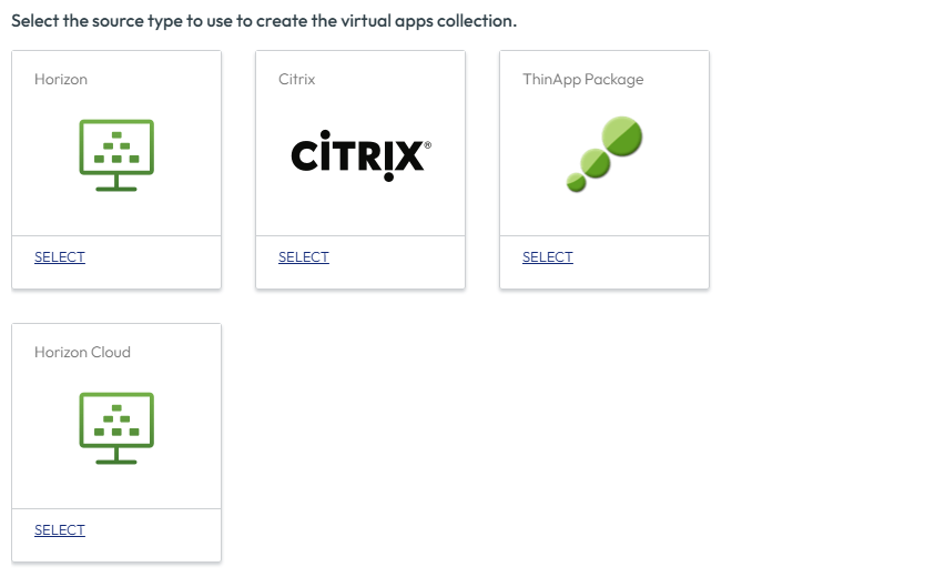 Quatre vignettes s'affichent : Horizon, Citrix, le module ThinApp et Horizon Cloud.