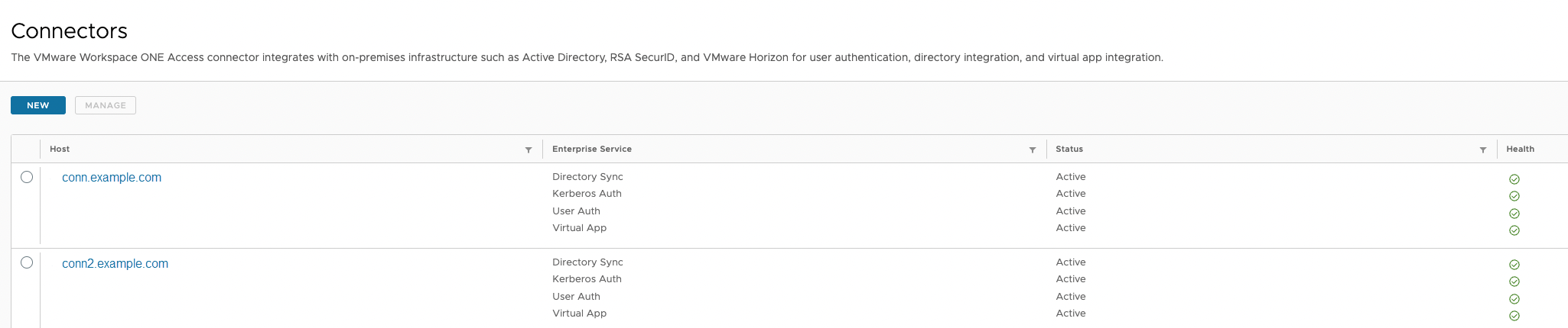 « La page Connecteurs affiche deux connecteurs, sur lesquels le service d'applications virtuelles est installé. »