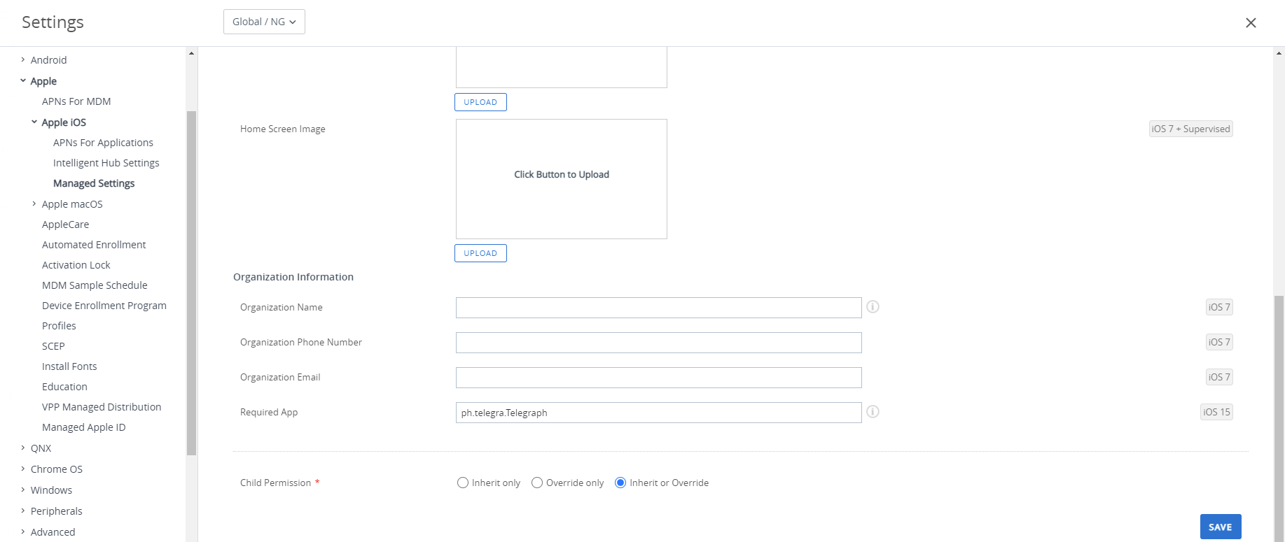Managed settings showing Organization settings options