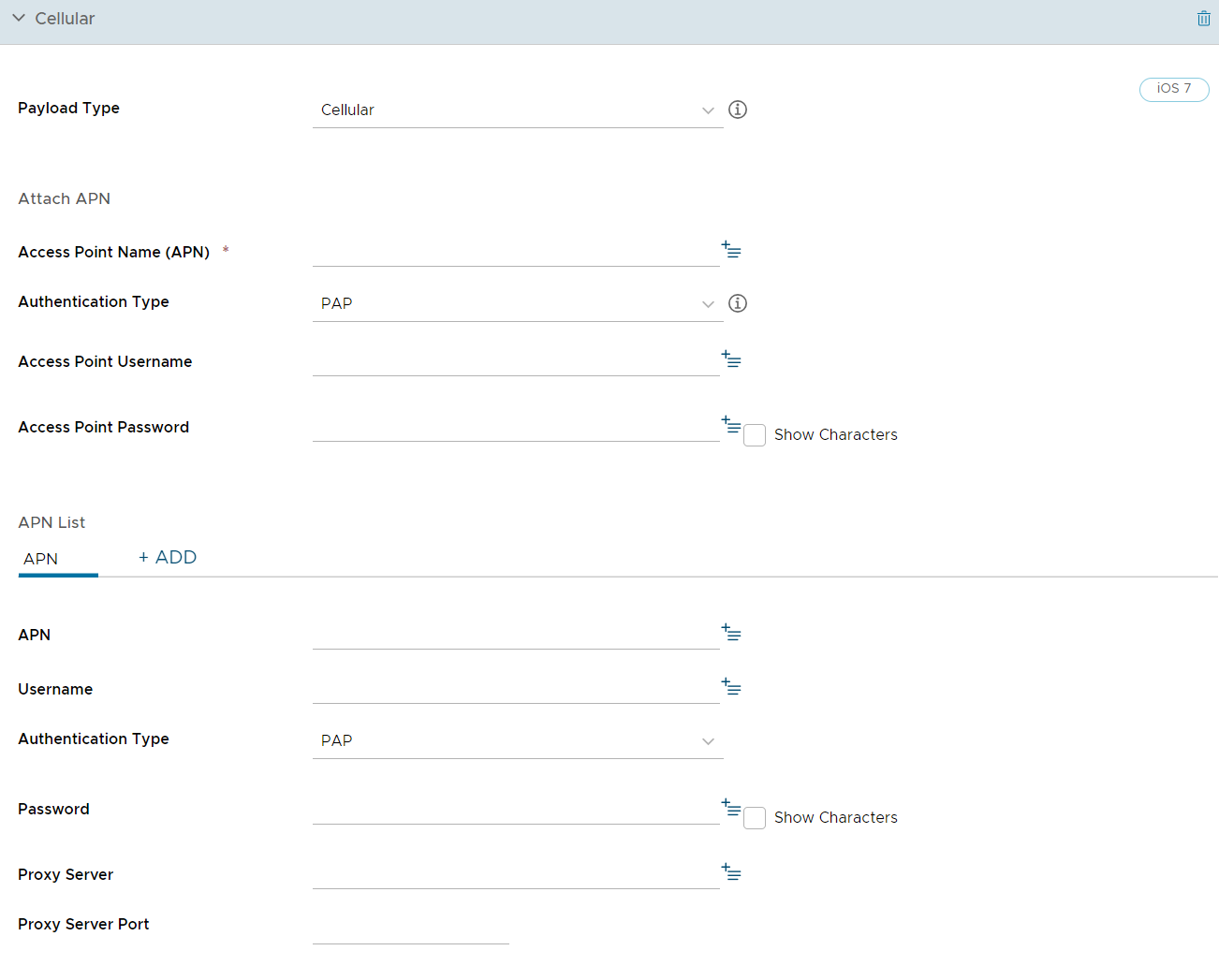 UEM console showing Cellular profile settings page UEM console showing Cellular profile settings page