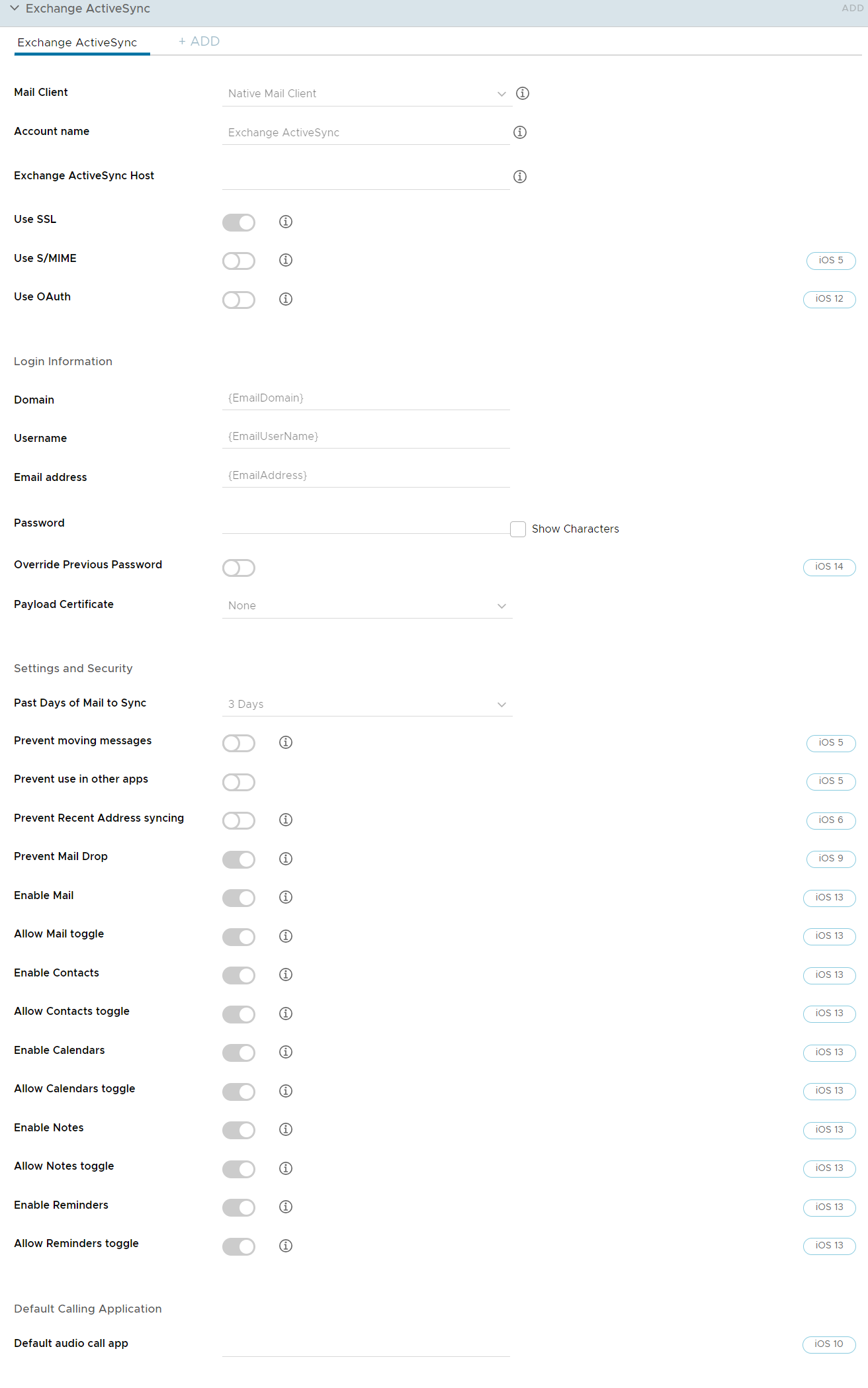 UEM console showing Exchange ActiveSync profile settings page UEM console showing Exchange ActiveSync profile settings page