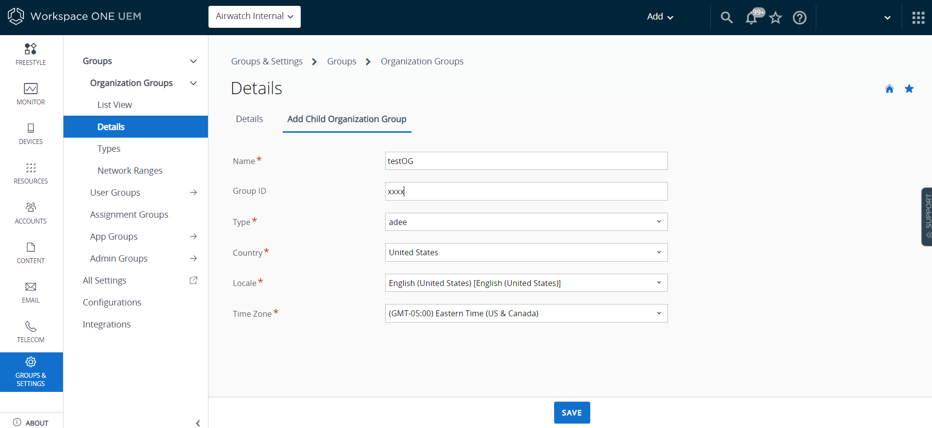 Organization Groups page displaying organization group details