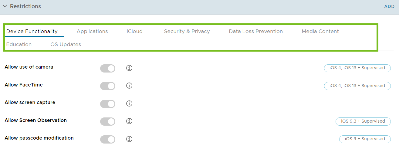 UEM console showing Restrictions profile settings page with Device Functionality, Applications, iCloud restrcitions etc highlighted UEM console showing Restrictions profile settings page with Device Functionality, Applications, iCloud restrcitions etc highlighted