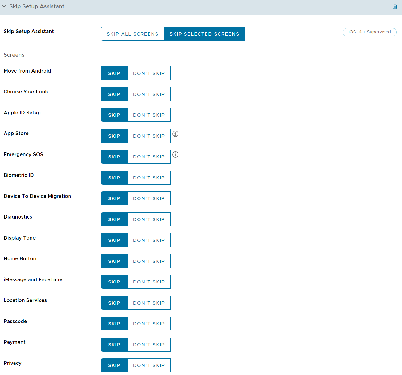 UEM console showing Skip Setup Assistant profile settings page UEM console showing Skip Setup Assistant profile settings page