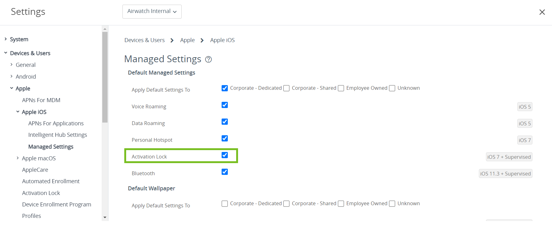 Managed Settings page showing activation lock option highlighted Managed Settings page showing activation lock option highlighted