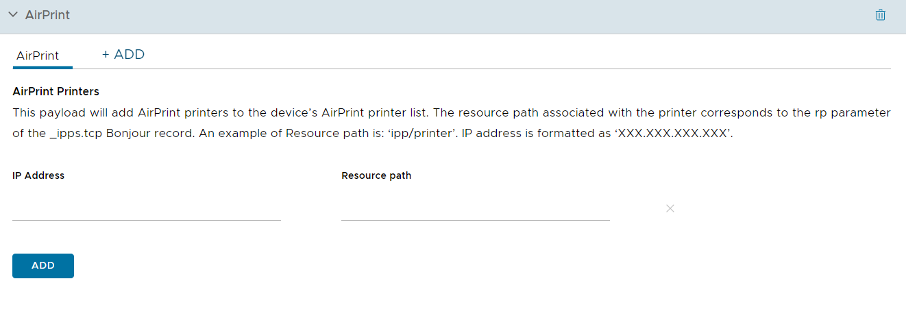 UEM console showing Airprint profile settings page UEM console showing Airprint profile settings page