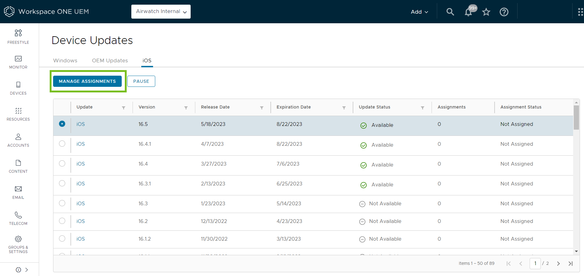 Device updates page displaying manage assignments option highlighted Device updates page displaying manage assignments option highlighted