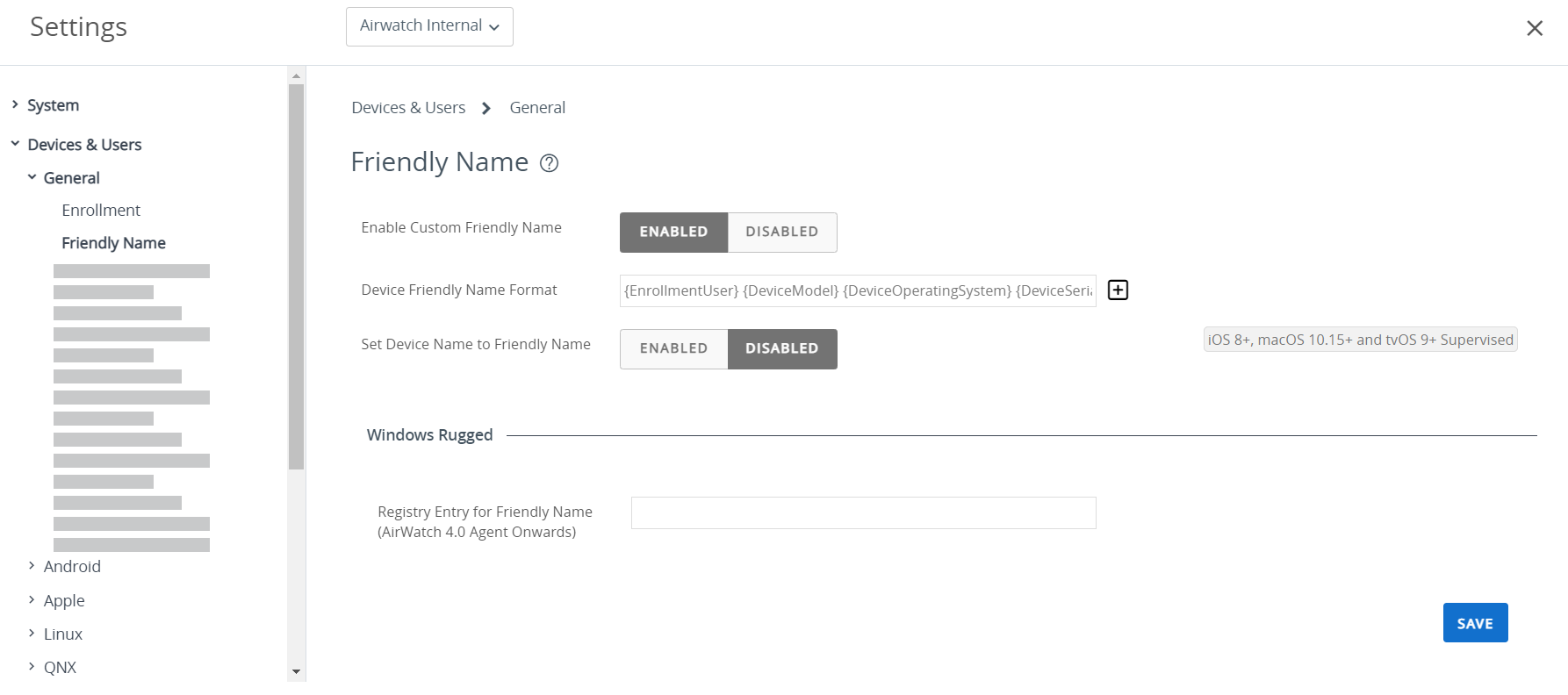 Friendly name page showing various options Friendly name page showing various options