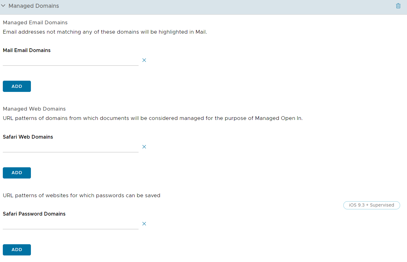 UEM console showing Managed Domains profile settings page UEM console showing Managed Domains profile settings page