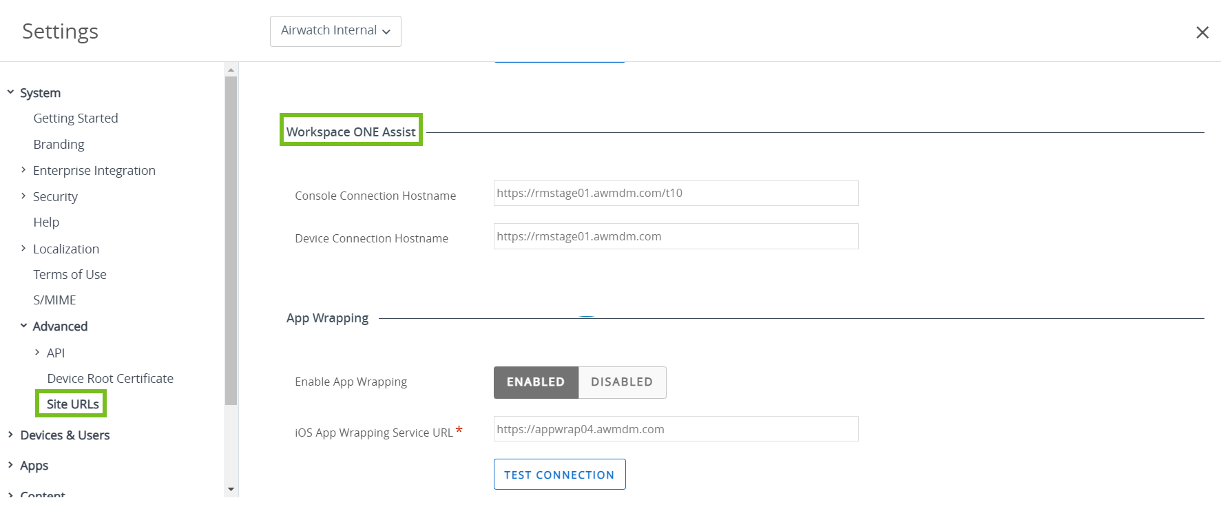 Advanced settings page showing site URLs and Workspace One Assist settings highlighted