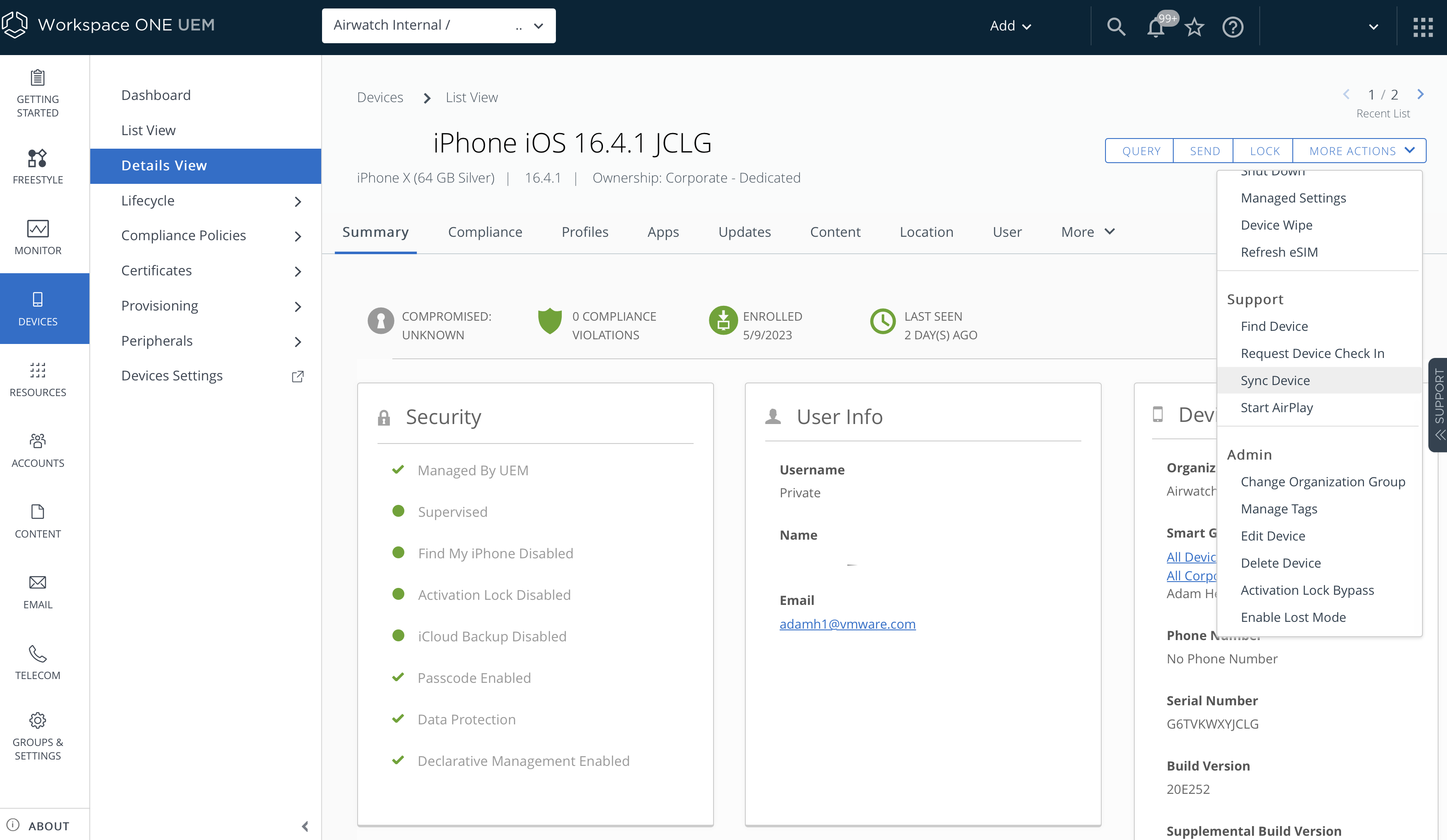 Device details page showing the secutity section Device details page showing the secutity section