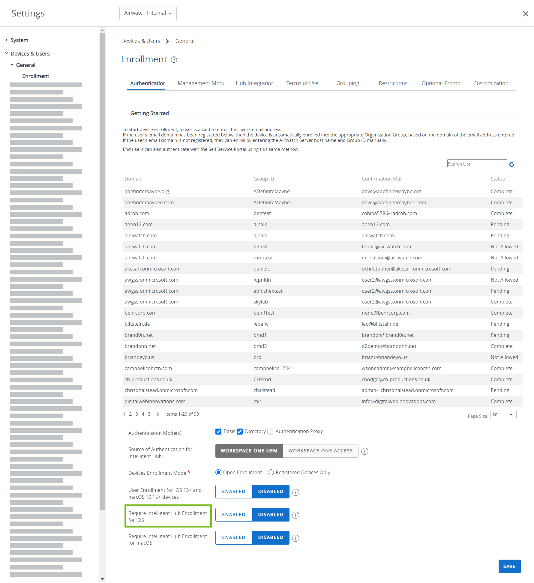 Enrollment window showing authentication modes with the require hub enrollment for iOS option highlighted