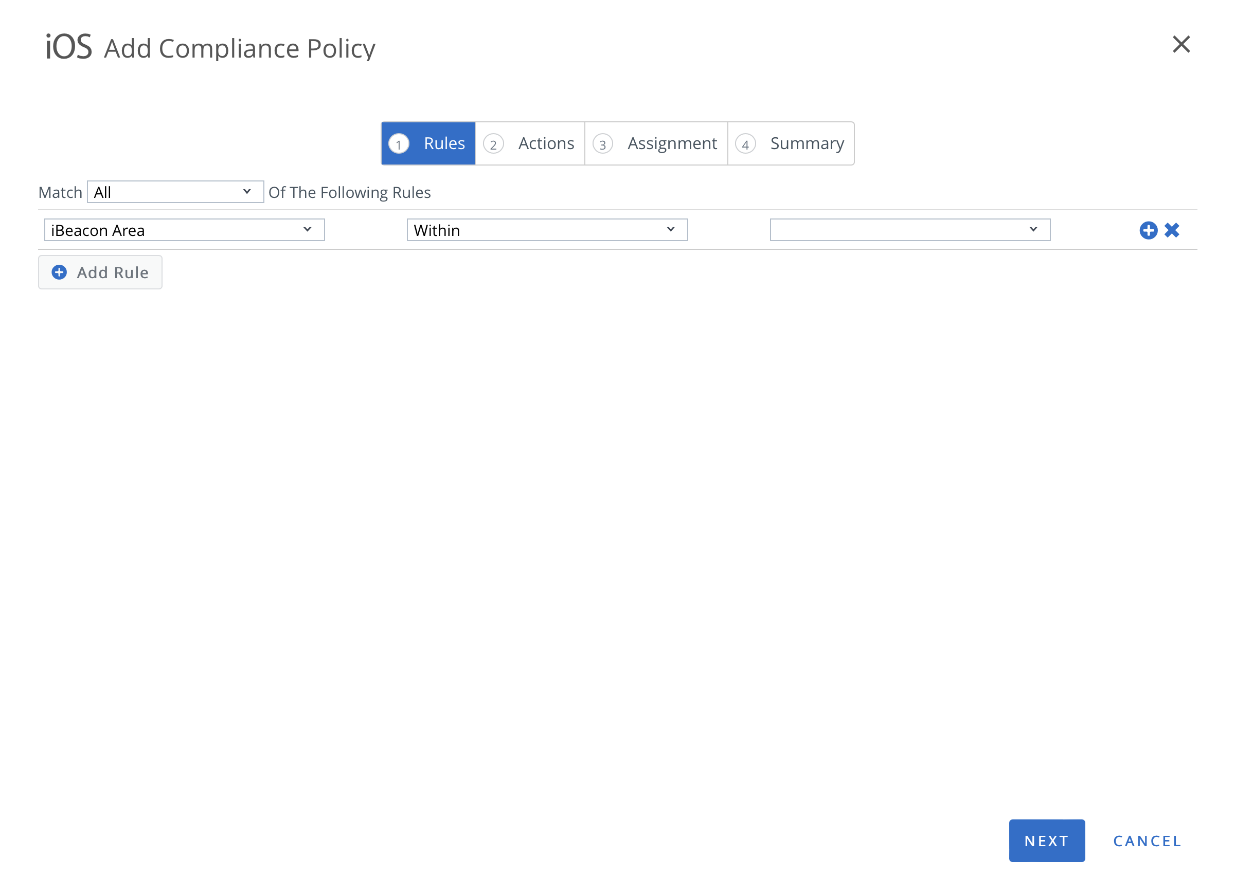 Add compliance policy page showing Rules, Actions,Assignment and Summary options highlighted Add compliance policy page showing Rules, Actions,Assignment and Summary options highlighted