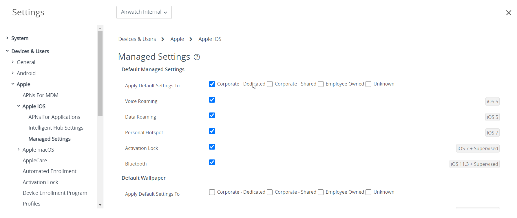 Managed settings page showing default managed settings options
