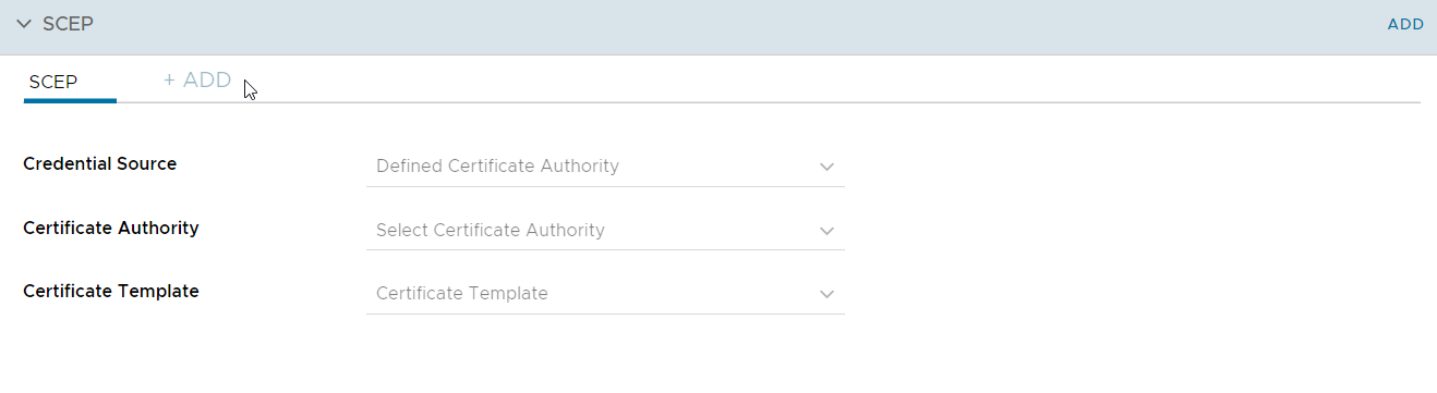 UEM console showing SCEP profile settings page