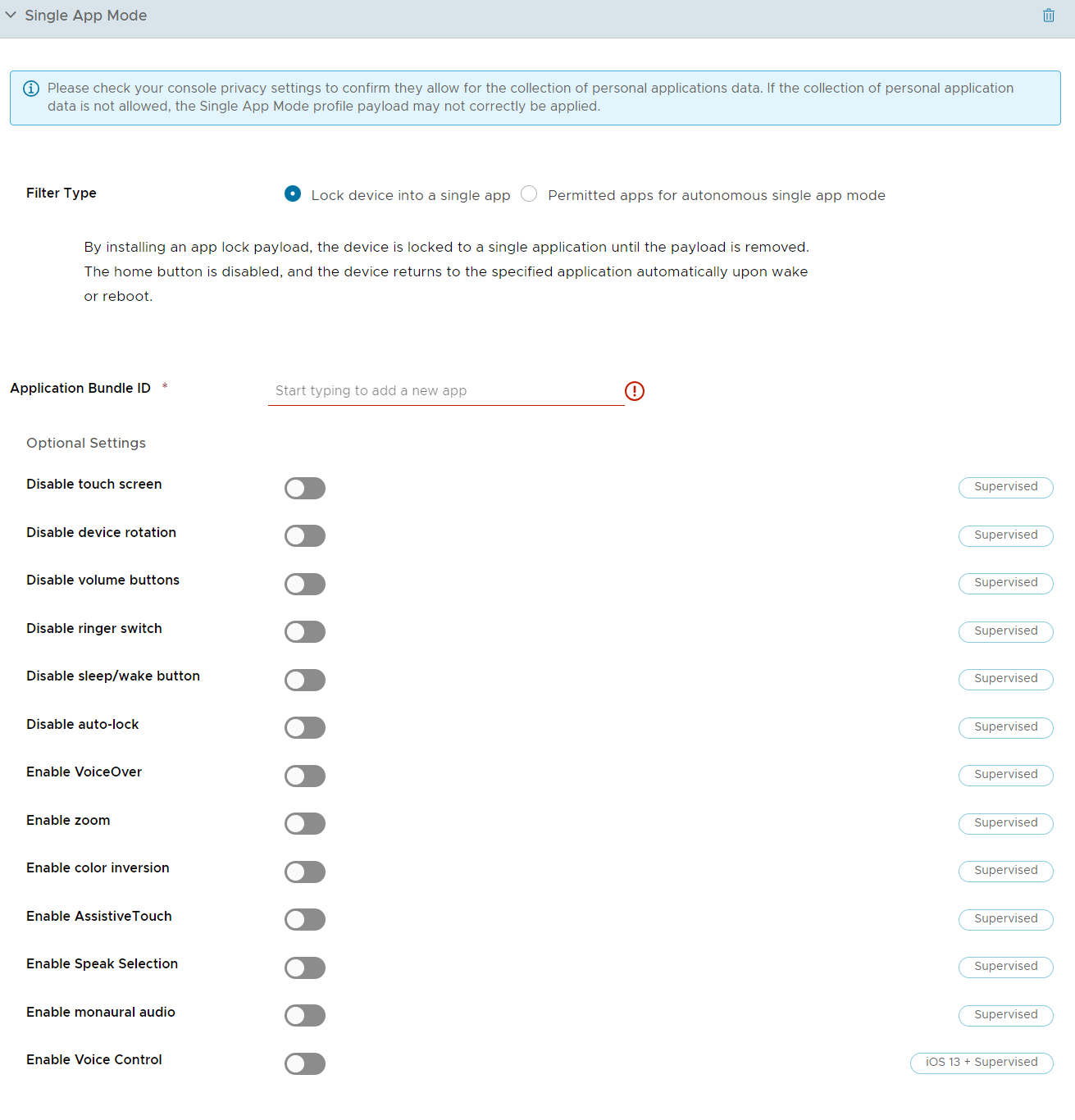 UEM console showing Single App mpde profile settings page