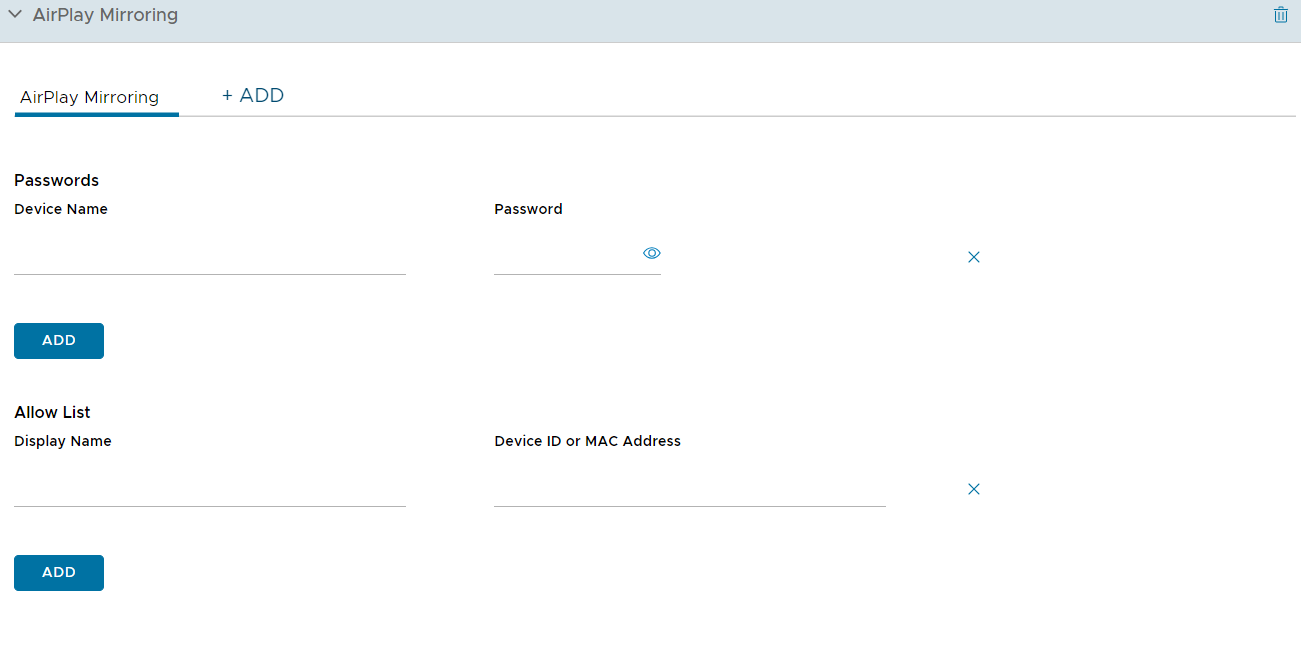 UEM console showing Airplay Mirroring profile settings page