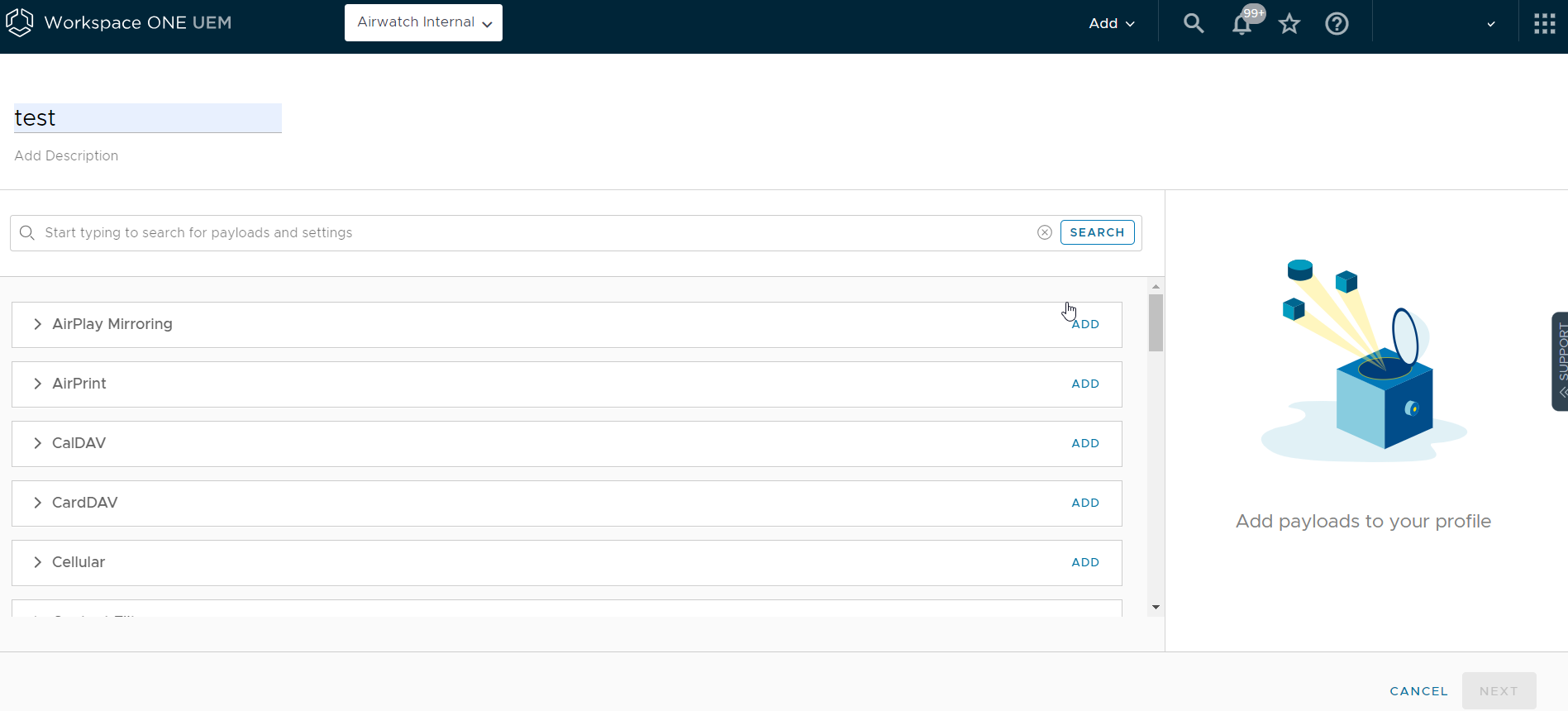 Workspace ONE UEM profie settings page showing list of profiles to add