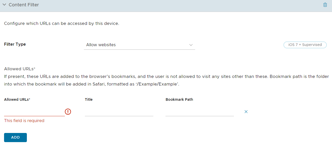 UEM console showing web content filter profile settings page