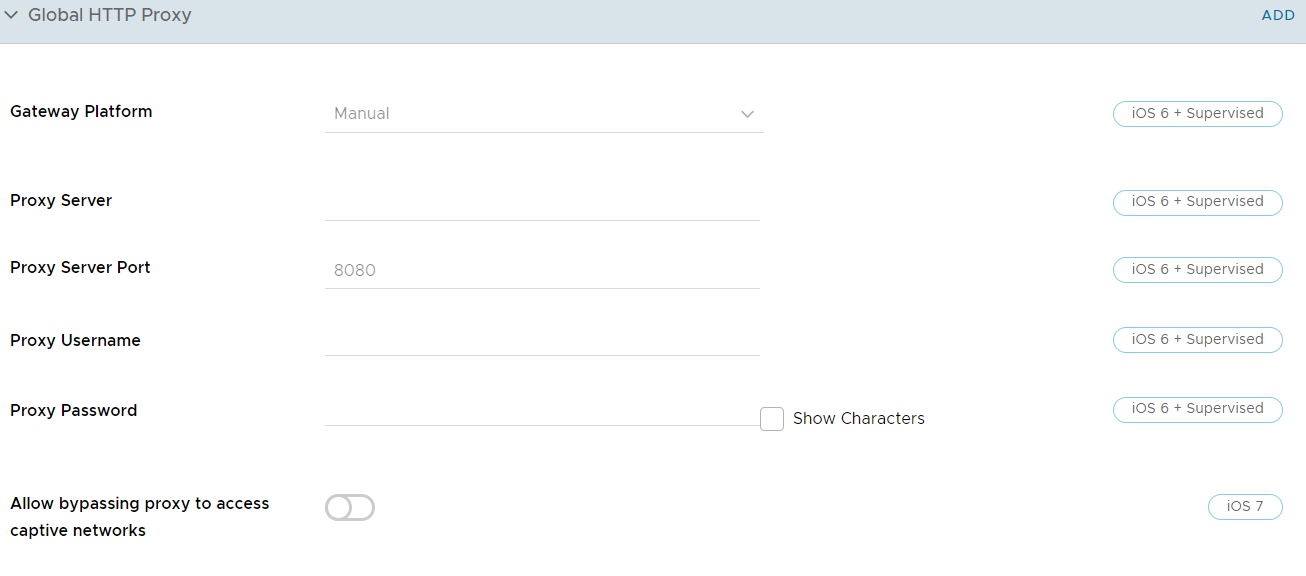 UEM console showing HTTP Proxy profile settings page