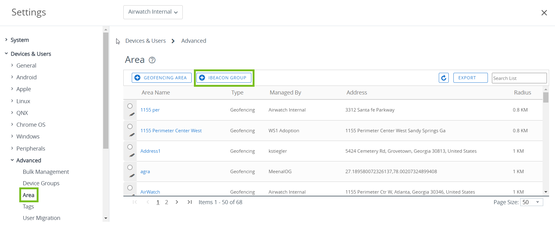 Area settings page showing different ibeacon options with Area and ibeacon group settings highlighted