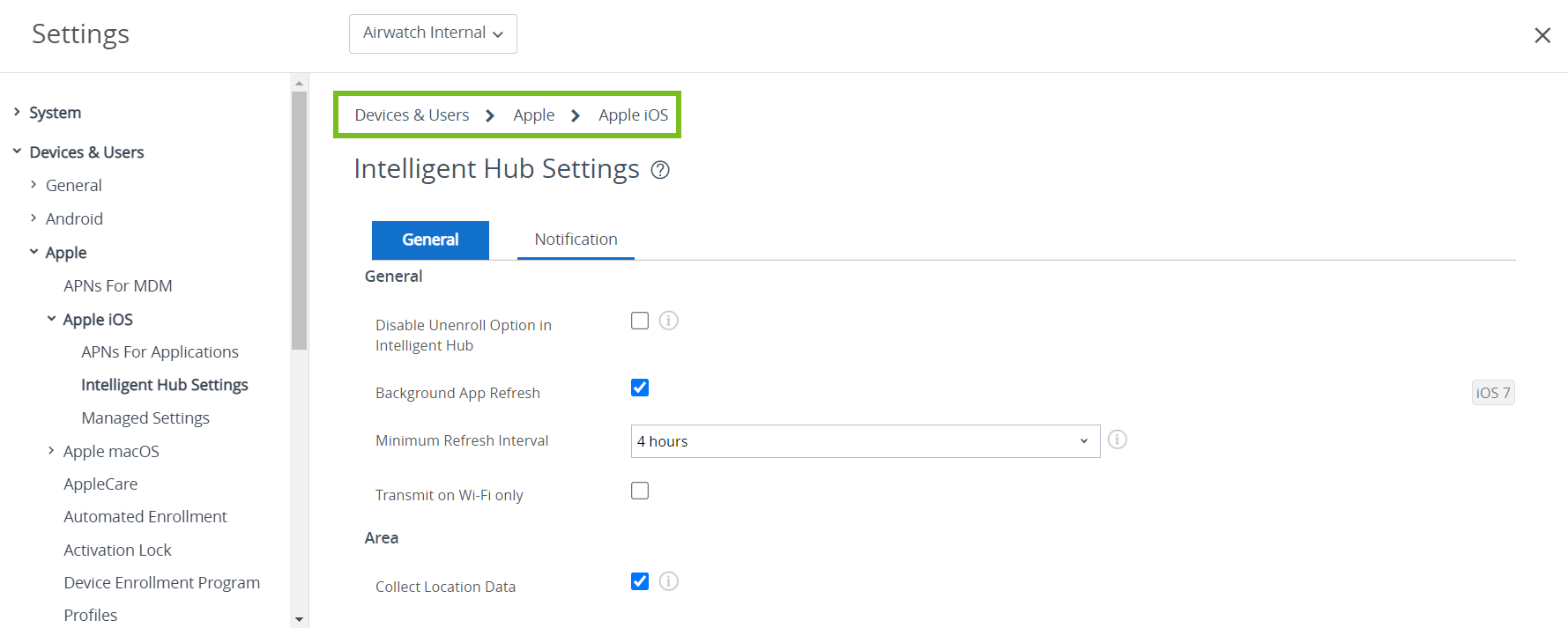 Intelligent Hub settings page showing general and notifications tab with the device and users, Apple and Apple iOS options highlighted