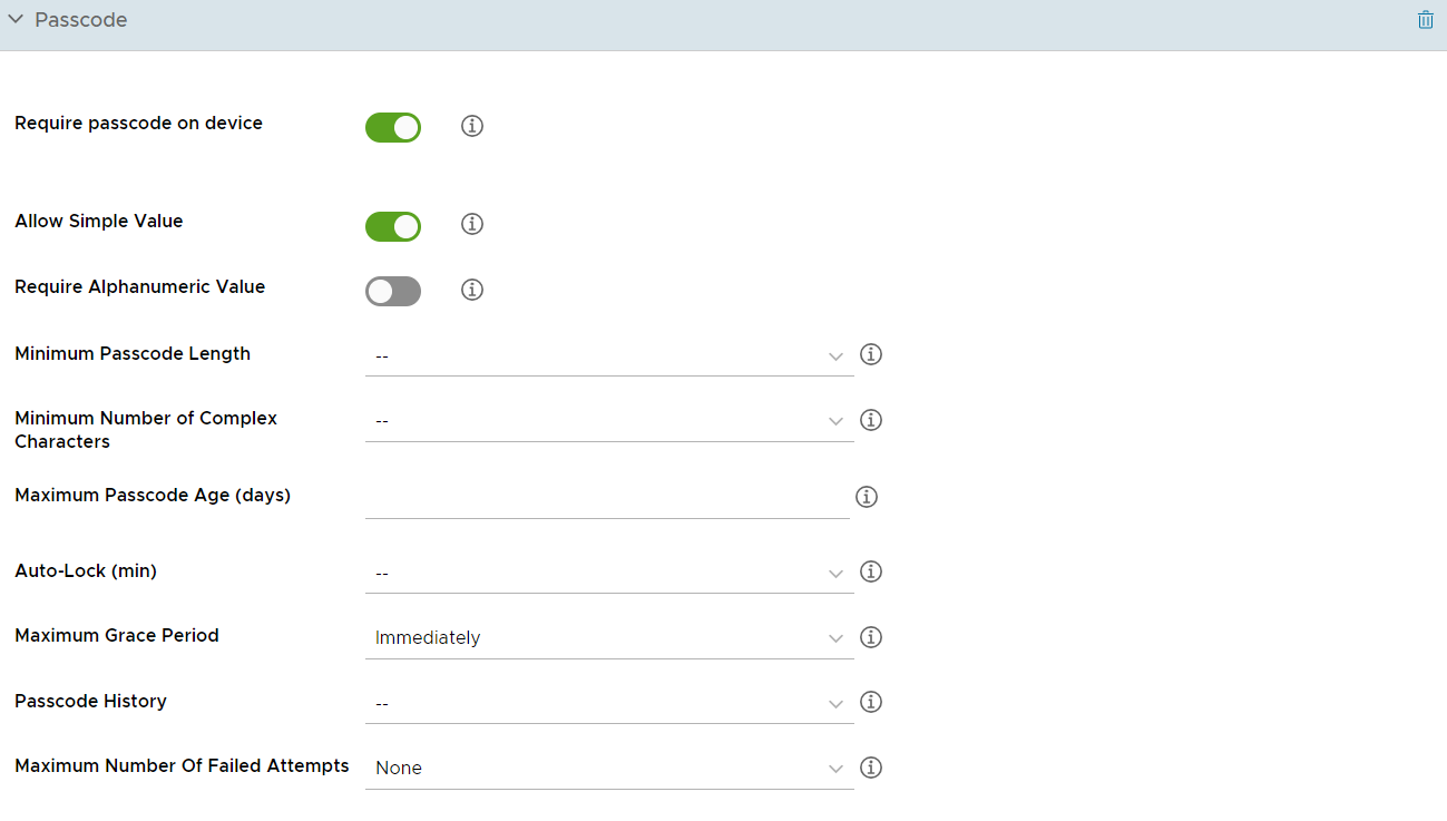 UEM console showing Device Passcode profile settings page