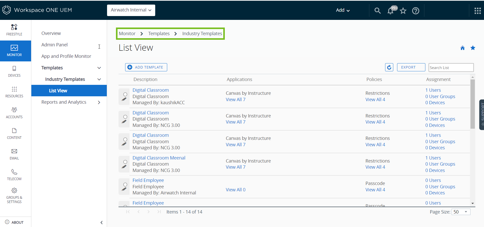 Industry templates page showing the list of templates