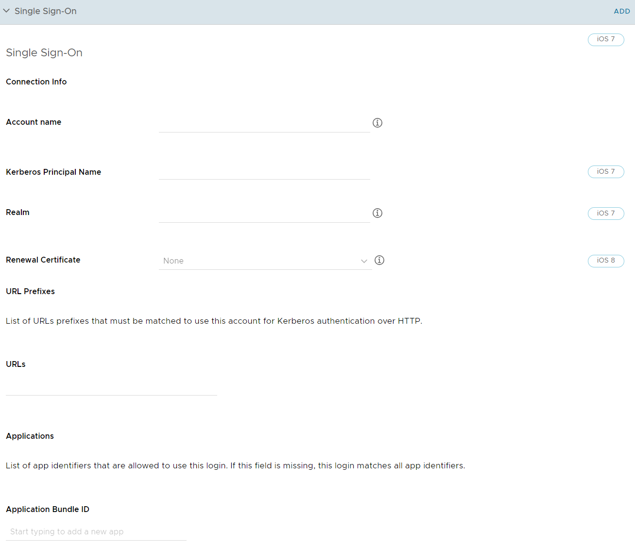 UEM console showing Single Sign-On profile settings page