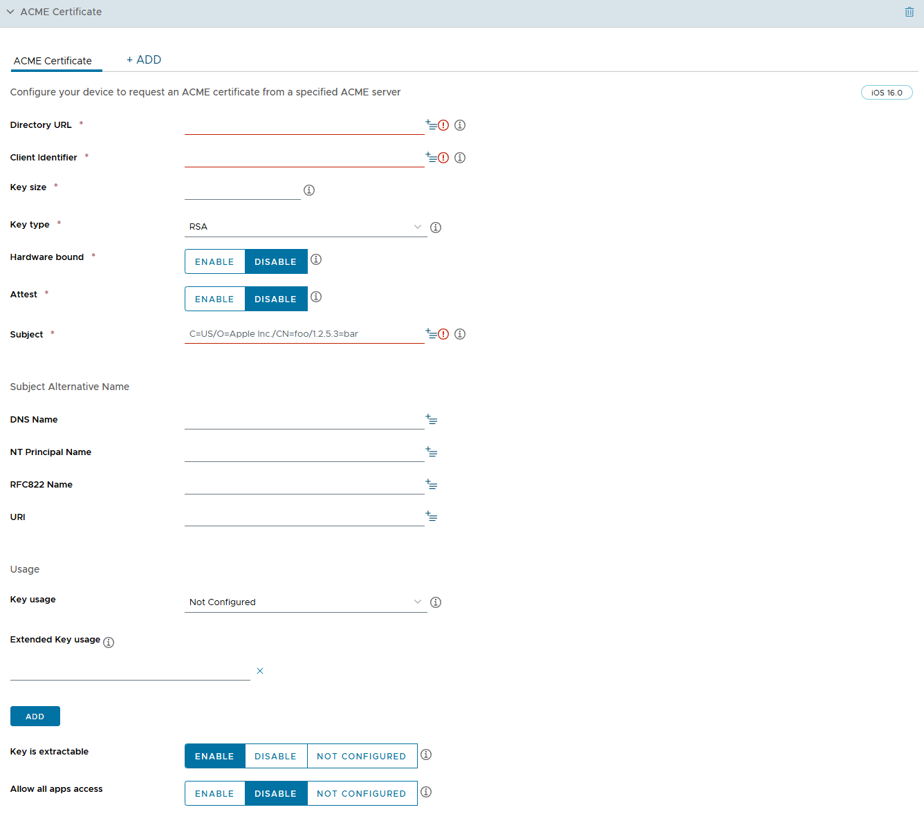 ACME cerificate profile page showing the settings